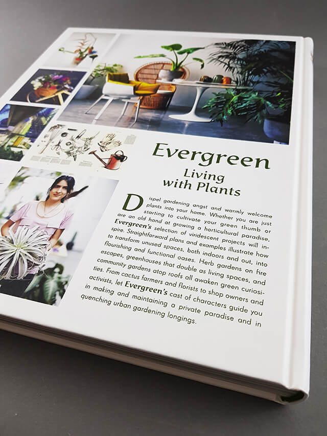 Buchrücken des Interior Design Bildbandes mit dem Titel Evergreen aus dem gestalten Verlag zum Thema Mit Pflanzen wohnen