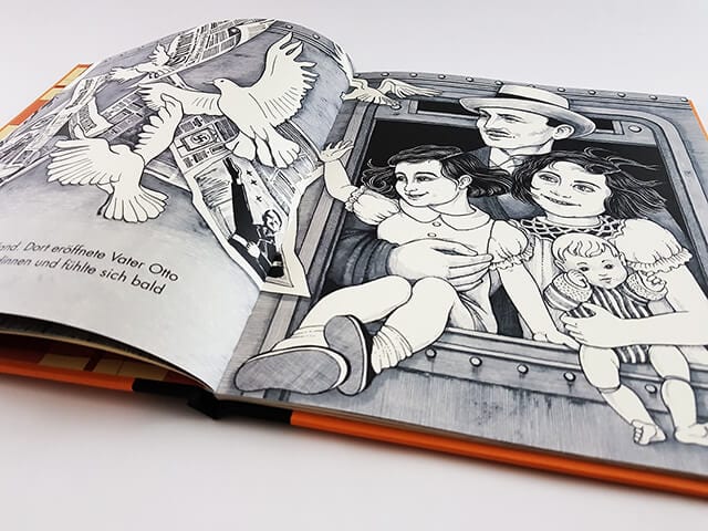 aufgeschlagenes Kinderbuch über starke Frauen mit dem Buchtitel Anne Frank aus der Buchreihe little people, BIG DREAMS des Insel Verlags