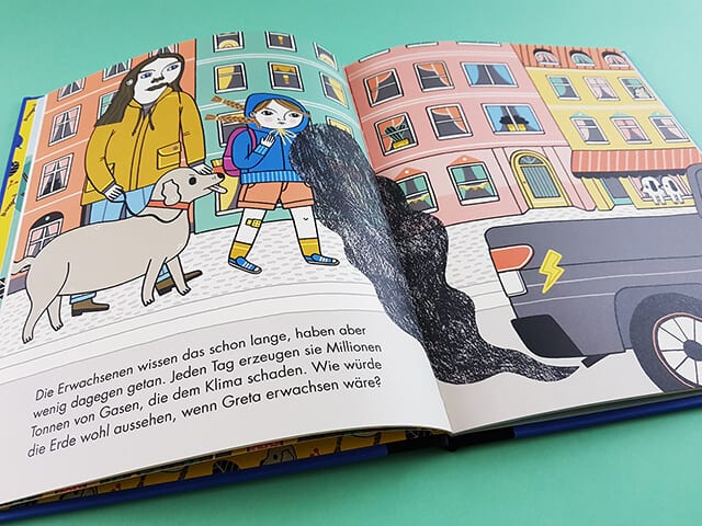 aufgeschlagenes Kinderbuch über die besondere Persönlichkeit Greta Thunberg aus der Buchreihe Little People Big Dreams