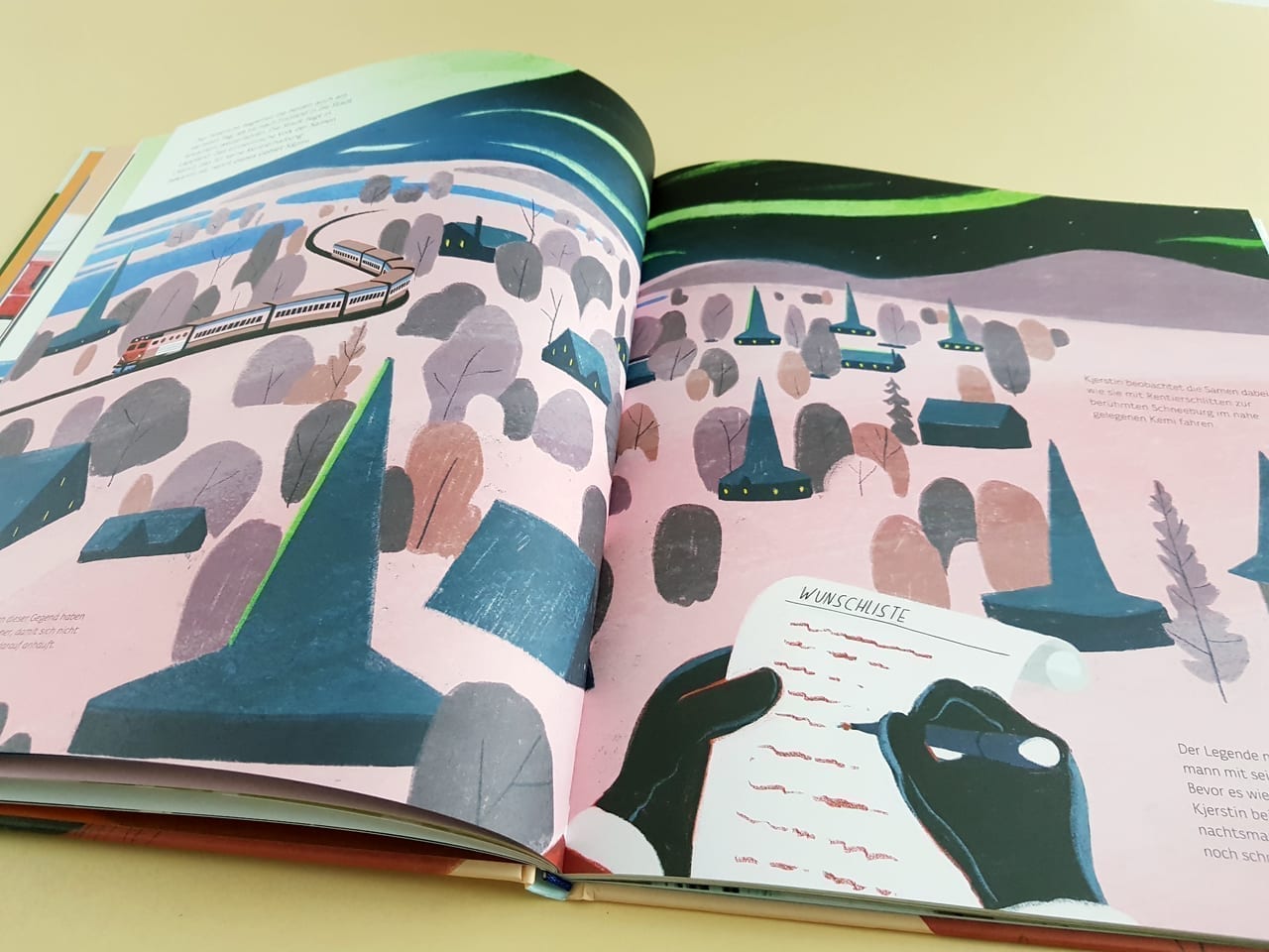 Reisen mit der Eisenbahn. Die schönsten Zugreisen aus aller Welt kleine gestalten Verlag aufgeschlagenes Kinderbuch